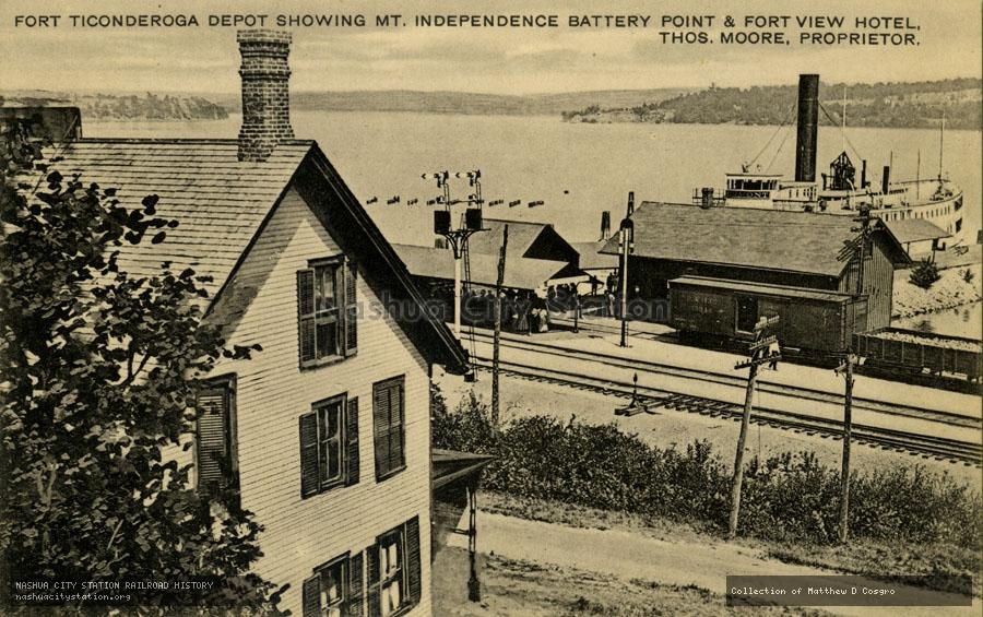 Postcard: Fort Ticonderoga Depot showing Mt. Independence Battery Point and Fort View Hotel